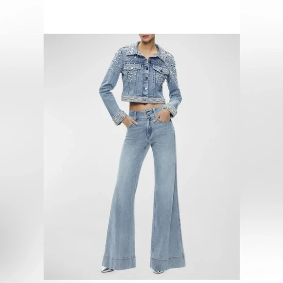 Alice + Olivia Pearl Studded Light Blue Denim Jacket XS